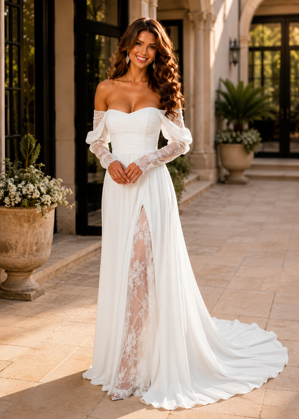 Custom A-Line Strapless Wedding Dress with 3/4 Lace Sleeves, Corset Bodice, Lace-Up Back & Front Slit