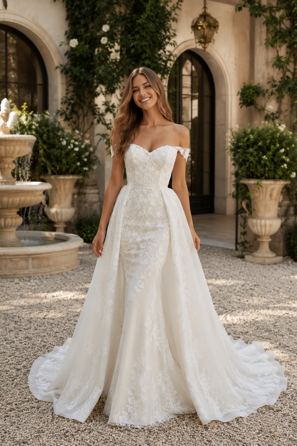 Wedding dress detachable train |trumpet-style | with off-the-shoulder sleeves | with appliqués | Custom-made