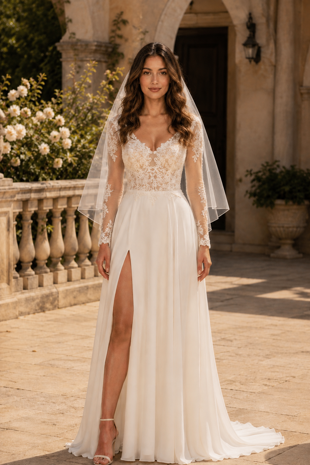 Custom Chiffon Wedding Dress with Lace V-Neck, Side Slit & Open Back | Elegant Bridal Gown with 50cm Train