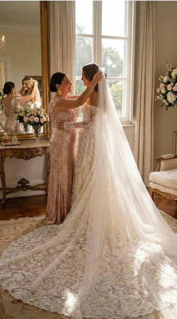 Custom Made Lace Wedding Dress with Sweetheart Neckline, Off-the-Shoulder Long Sleeves Long Train