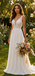 Custom Chiffon A-Line Wedding Dress with Lace Appliques & V-Neck | Sleeveless Bridal Gown for Beach, Garden & Elopement Weddings