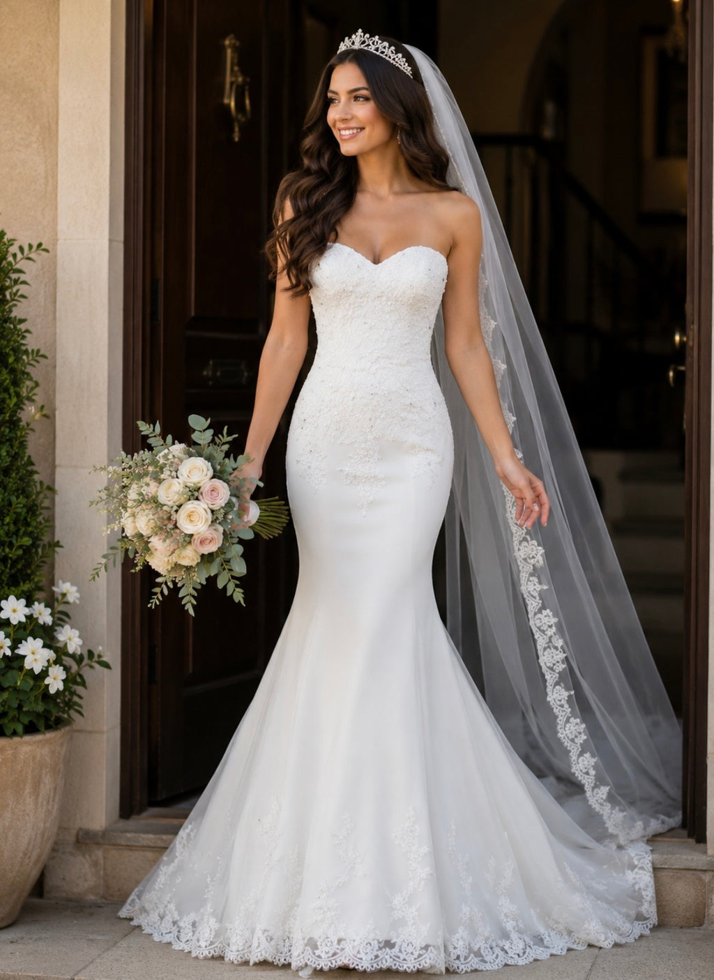 Strapless Mermaid Wedding Dress with Lace Appliqué & Sequin Details | Custom Beach Bridal Gown with Long Train