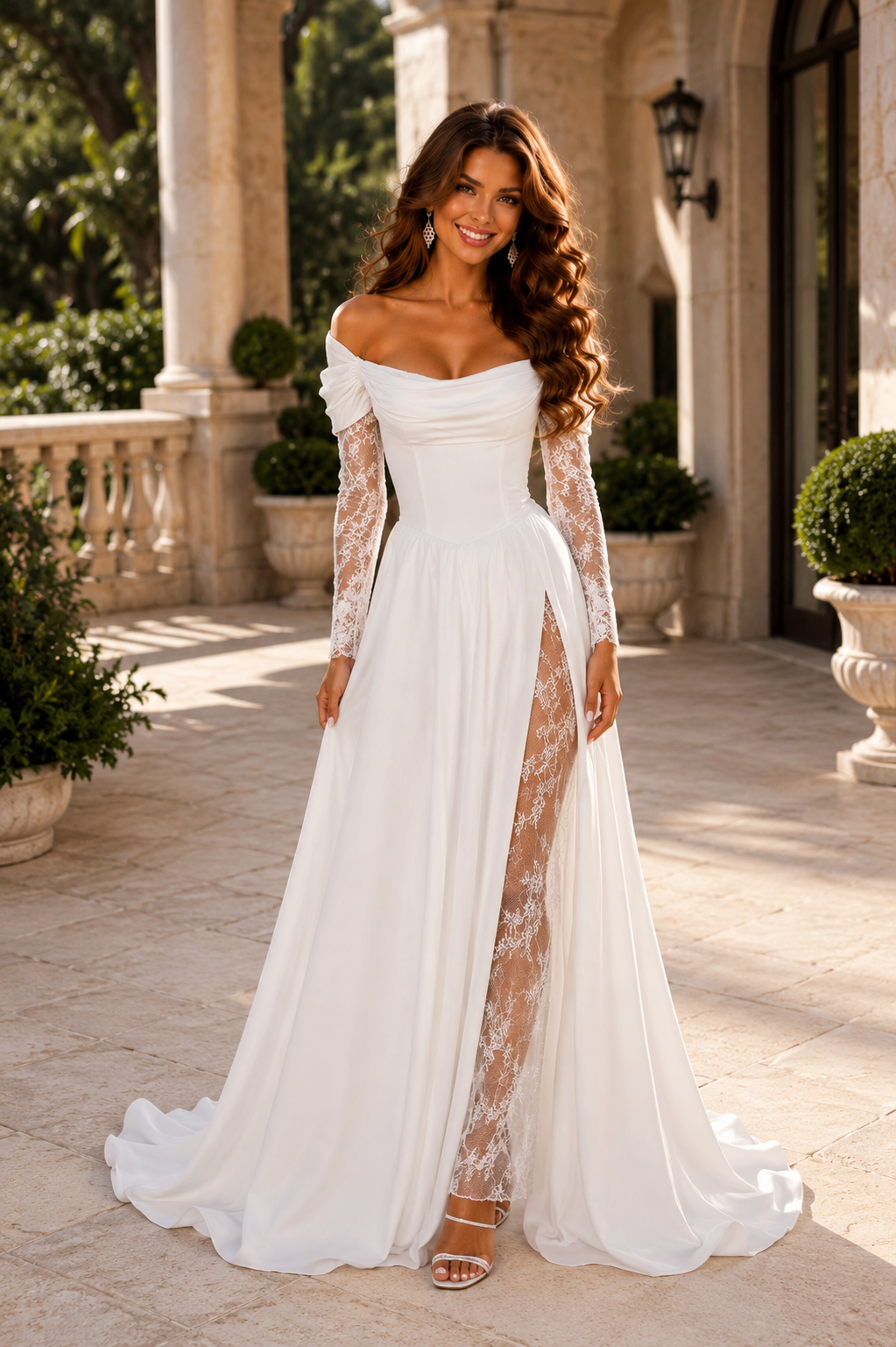 Custom A-Line Strapless Wedding Dress with 3/4 Lace Sleeves, Corset Bodice, Lace-Up Back & Front Slit