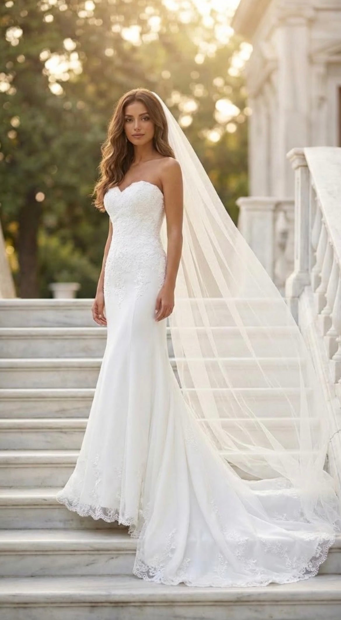 Strapless Mermaid Wedding Dress with Lace Appliqué & Sequin Details | Custom Beach Bridal Gown with Long Train
