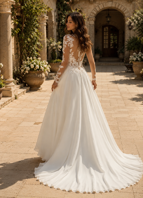 Custom Chiffon Wedding Dress with Lace V-Neck, Side Slit & Open Back | Elegant Bridal Gown with 50cm Train
