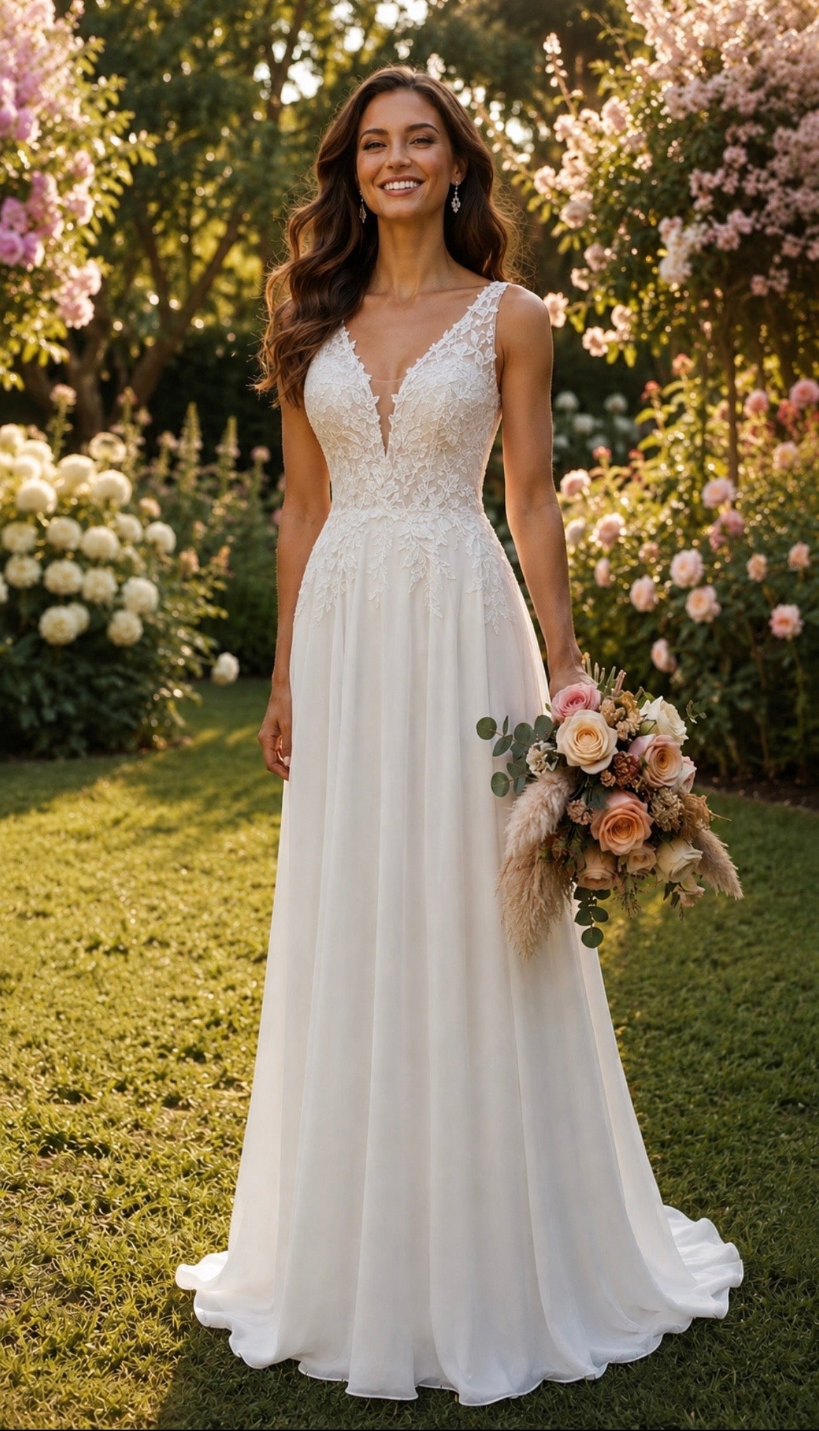 Custom Chiffon A-Line Wedding Dress with Lace Appliques & V-Neck | Sleeveless Bridal Gown for Beach, Garden & Elopement Weddings