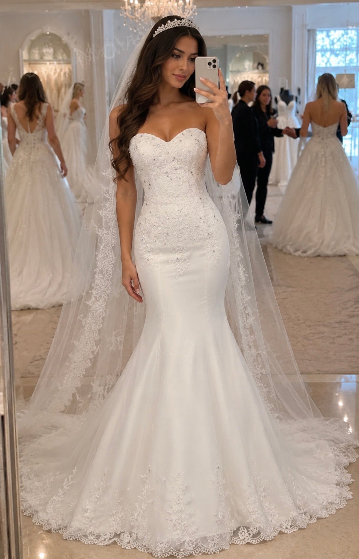 Strapless Mermaid Wedding Dress with Lace Appliqué & Sequin Details | Custom Beach Bridal Gown with Long Train