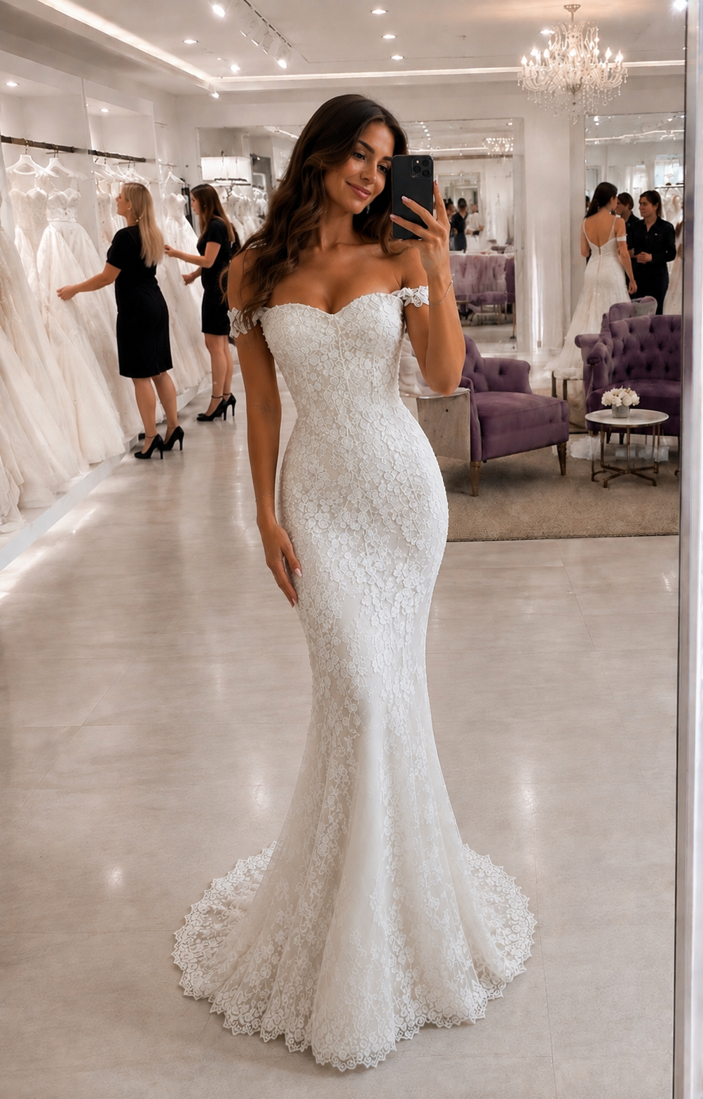 Wedding dress detachable train |trumpet-style | with off-the-shoulder sleeves | with appliqués | Custom-made