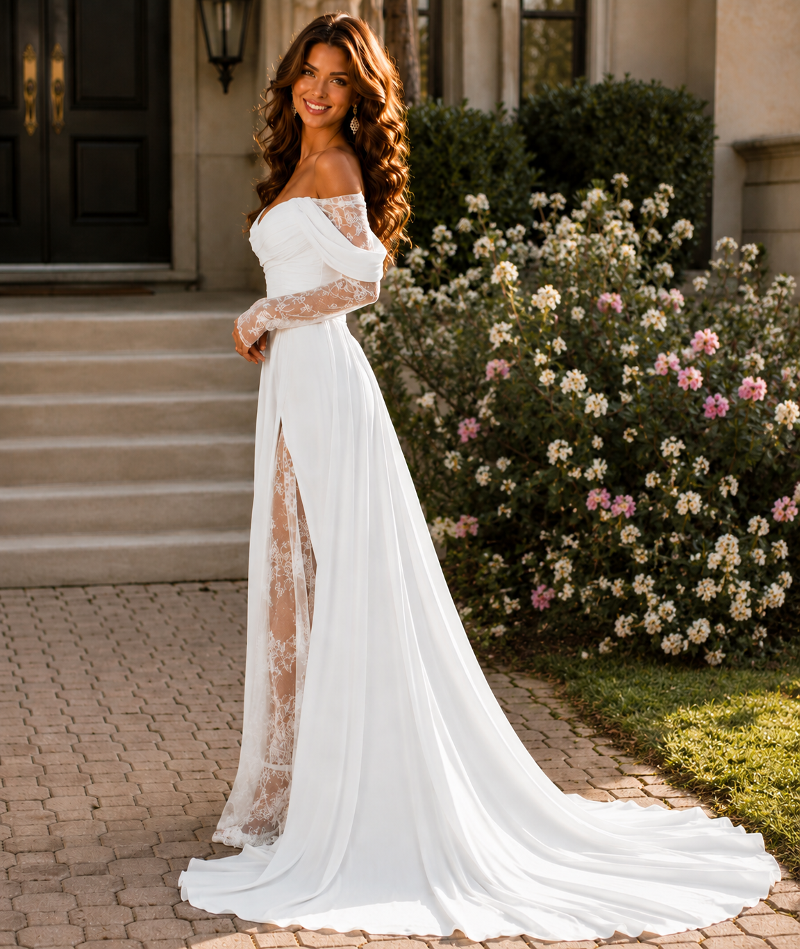 Custom A-Line Strapless Wedding Dress with 3/4 Lace Sleeves, Corset Bodice, Lace-Up Back & Front Slit