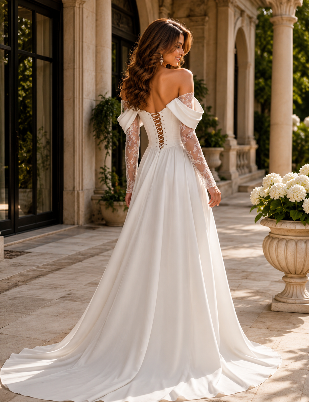 Custom A-Line Strapless Wedding Dress with 3/4 Lace Sleeves, Corset Bodice, Lace-Up Back & Front Slit