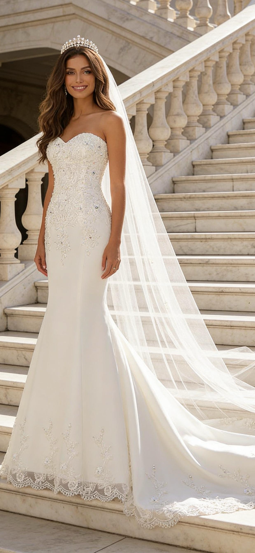 Strapless Mermaid Wedding Dress with Lace Appliqué & Sequin Details | Custom Beach Bridal Gown with Long Train