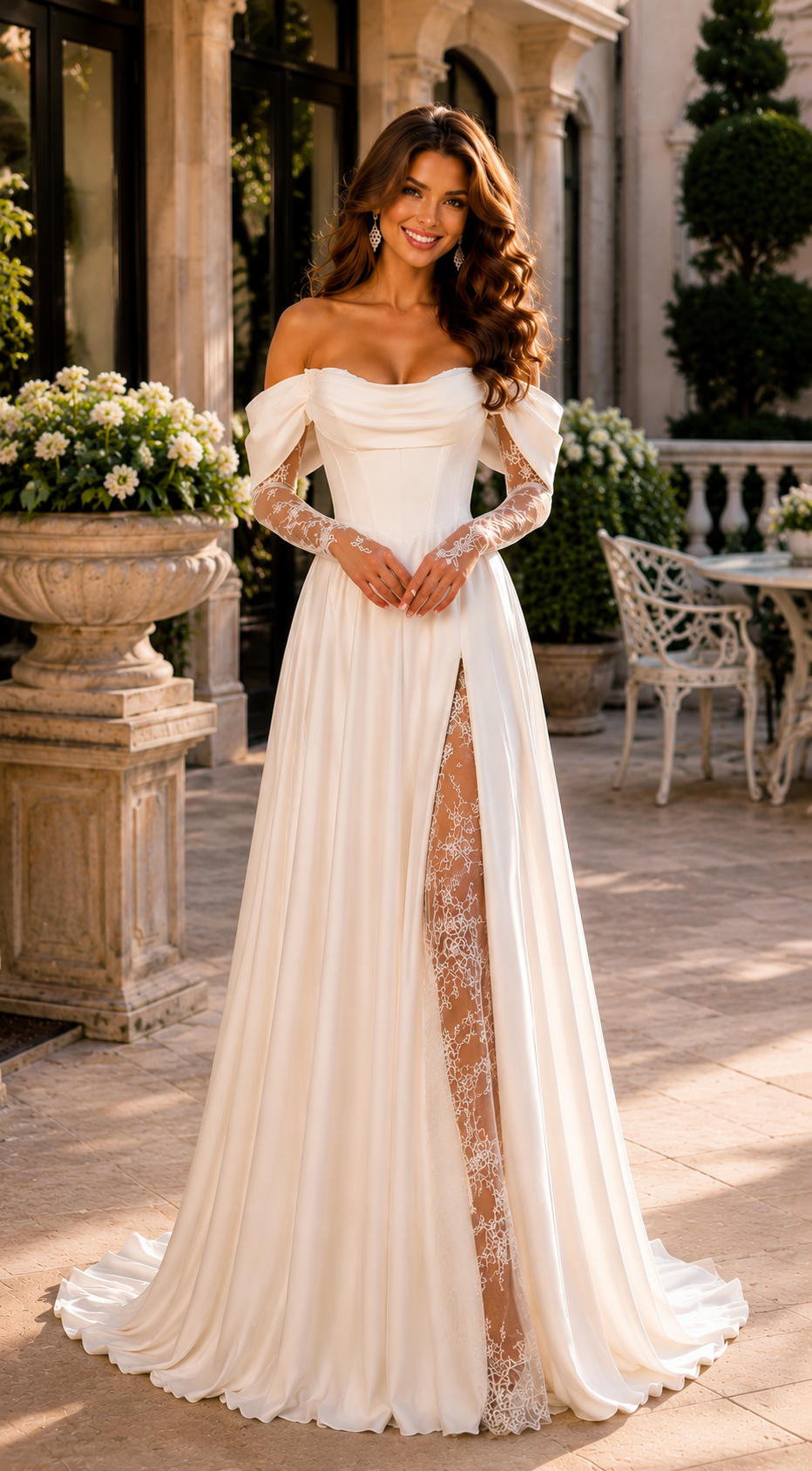 Custom A-Line Strapless Wedding Dress with 3/4 Lace Sleeves, Corset Bodice, Lace-Up Back & Front Slit