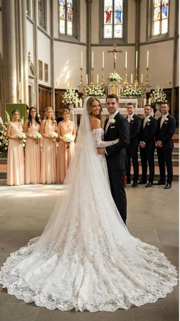 Custom Made Lace Wedding Dress with Sweetheart Neckline, Off-the-Shoulder Long Sleeves Long Train