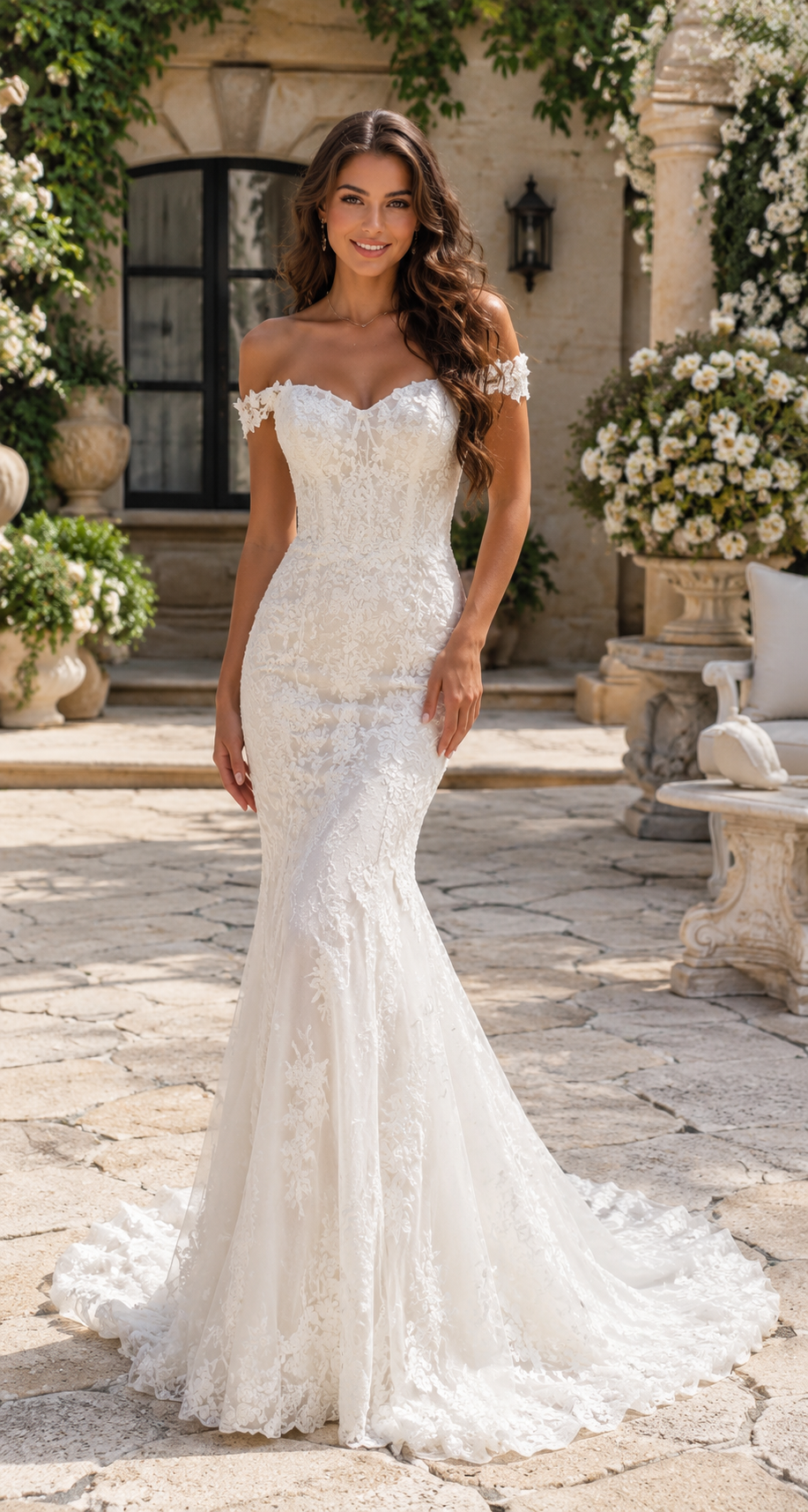 Wedding dress detachable train |trumpet-style | with off-the-shoulder sleeves | with appliqués | Custom-made
