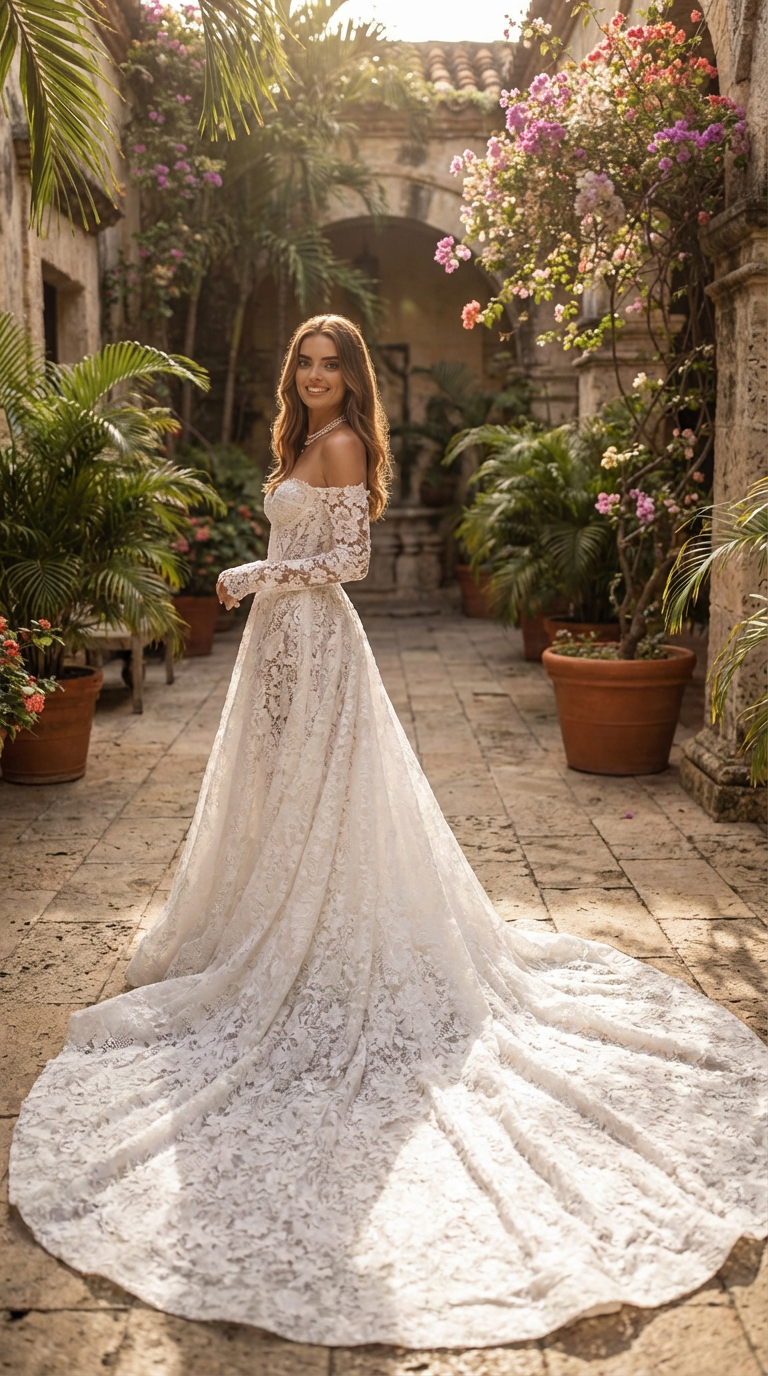 Custom Made Lace Wedding Dress with Sweetheart Neckline, Off-the-Shoulder Long Sleeves Long Train