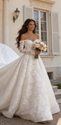 Custom Made Lace Wedding Dress with Sweetheart Neckline, Off-the-Shoulder Long Sleeves Long Train