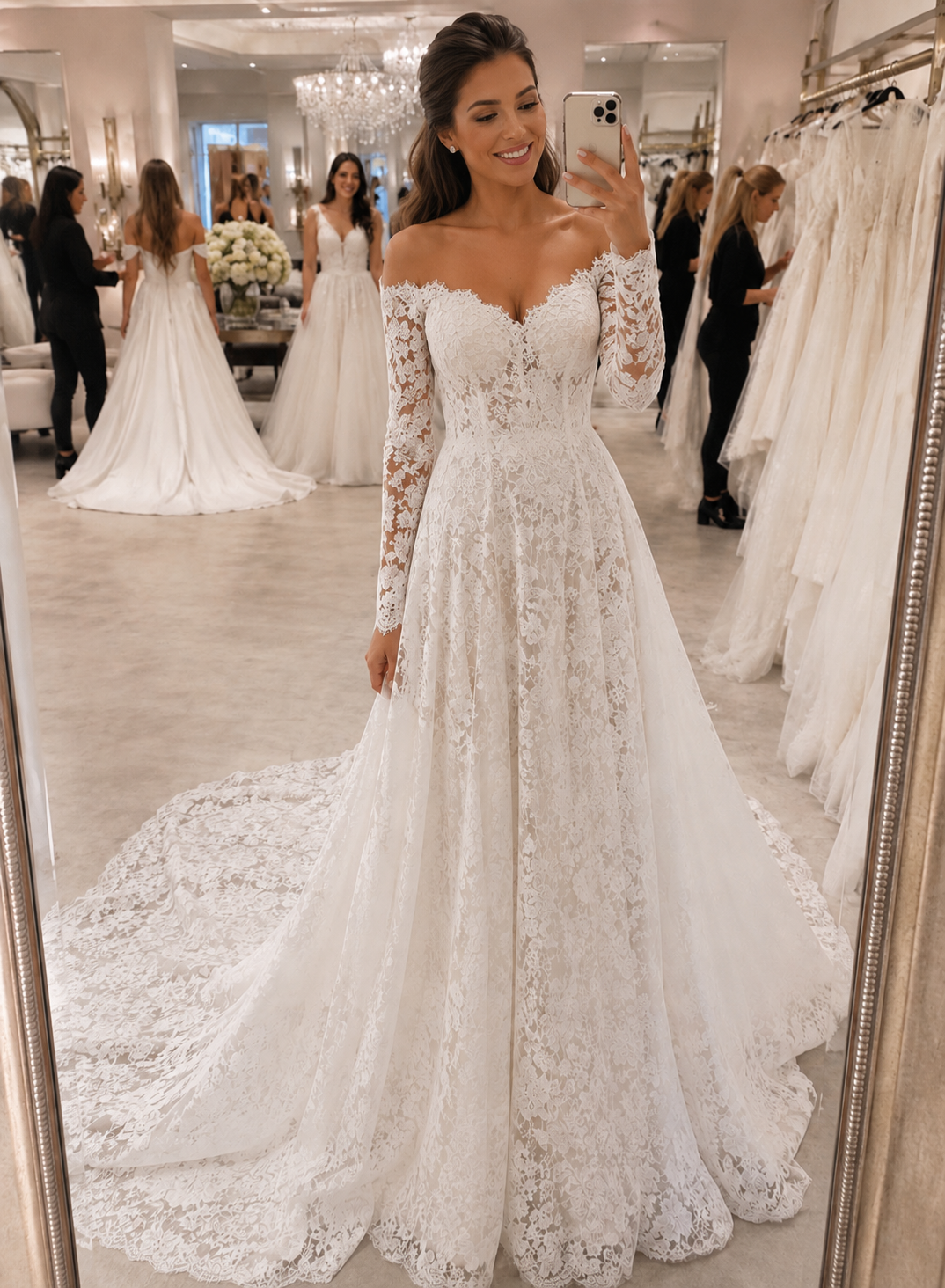 Custom Made Lace Wedding Dress with Sweetheart Neckline, Off-the-Shoulder Long Sleeves Long Train