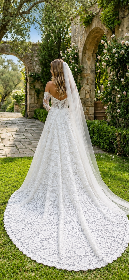 Custom Made Lace Wedding Dress with Sweetheart Neckline, Off-the-Shoulder Long Sleeves Long Train